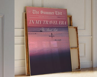 Pink Beach Newspaper Print Sunset Italian Summer Beachy Art Newspaper Print Coastal Trendy Wall Art Vintage Bar Cart Coastal Print for Dorm