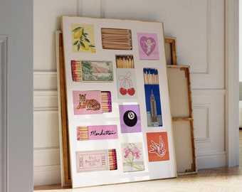 Matchbox Print Vintage Matchbook Wall Art Retro Matches Aesthetic Trendy Print For Apartment Girly Bedroom Posters Retro Bar Cart Wall Art