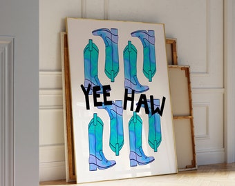 Cowgirl Boots Art Western Wall Decor for Dorm Art Print Blue Retro Western Coastal Cowgirl Boots Print Trendy Prints for Apartment Yee Haw