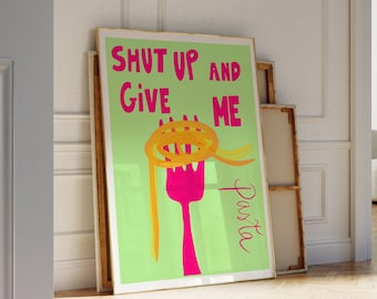Impression numérique de pâtes, art mural spaghetti, affiche de pâtes, art de cuisine esthétique rose girly, illustration de cuisine italienne, impression de cuisine amateur de pâtes