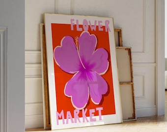 Stampa di ibisco del mercato dei fiori, arte murale con fiori boho, poster del mercato dei fiori, stampa per soggiorno, decorazione da parete per camera da letto, stampe floreali astratte moderne