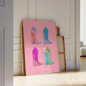 Cowgirl Boots Art Western Wall Decor for Dorm Art Pink Retro Western Cowboy Boots Decor Trendy Wall Art Vintage Poster for Girly Apartment