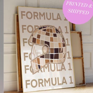 Beige Formula 1 Aesthetic Print Retro Funky Vintage Art Aesthetic Wall Art Formula 1 Helmet Print F1 Wall Art Trendy Print for Apartment