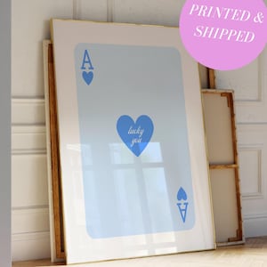 Blauwe harten aas print aas print Lucky You print speelkaart poster trendy retro muurkunst roze preppy print slaapzaal kunst ingelijste muurkunst