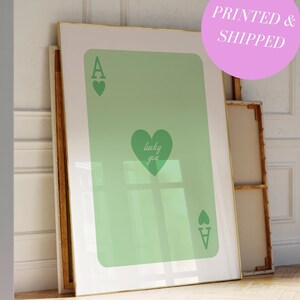 Stampa Asso di Cuori Verde Salvia, Stampa Pastello Lucky You, Poster di Carte da Gioco, Arte da Parete Retrò Trendy, Stampa Pastello Preppy per Dormitorio, Arte da Parete Senza Cornice