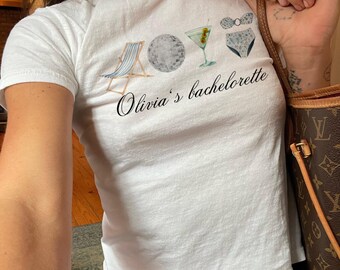Personalized Bachelorette Baby Tee Womens Graphic Baby Tee Coquette Aesthetic Y2k 90s Vintage Inspired Trendy Top Custom Bachelorette Trip