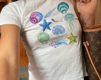 Sea Shell Baby Tee Vintage Collage Aesthetic Seashell Baby Tee Coastal Grandma Cute Women's T-Shirt Sustainably Made Coastal Baby Tee Gen Z