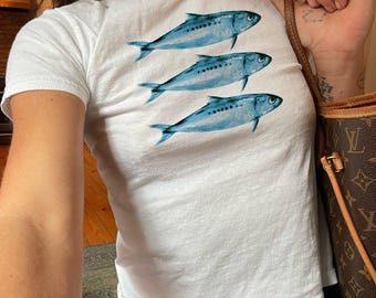Blue Sardines Y2k Baby Tee Y2k Shirt Trendy Baby Tee Animal Fish Baby Tee Seafood Summer Baby Tee 90s Aesthetic Baby Tee Oceancore Shirt