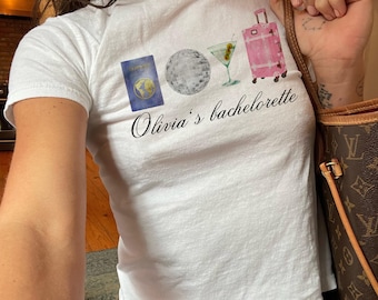 Personalized Bachelorette Baby Tee Womens Graphic Baby Tee Coquette Aesthetic Y2k 90s Vintage Inspired Trendy Top Custom Bachelorette Trip