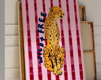 Retro Leopard Print Vintage Aesthetic Wall Art Red and Pink Aesthetic Trendy Print For Apartment Trendy Dorm Room Leopard Bar Cart Art Decor