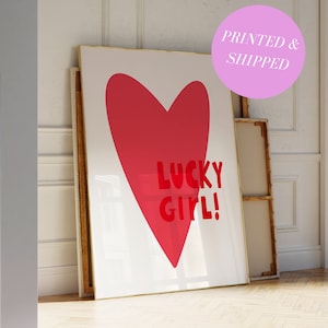 Print Lucky Girl Vintage Red Print Retro Hand-Drawn Wall Art Aesthetic Wall Art Unframed Print Red Heart Trendy Dorm Wall Art Gen Z Print
