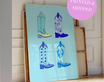 Coastal Cowgirl Boots Poster Retro Western Wall Art Wild West Print Blue Coastal Cowgirl Nursery Art Print Preppy Western Print Gen Z Art