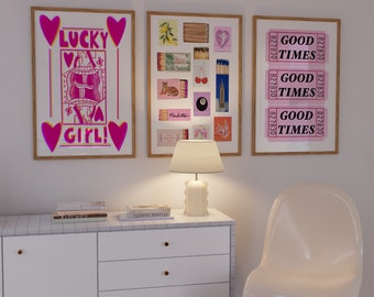 Set Of 3 Trendy Prints Lucky Girl Posters Matchbox Print Vintage Matchbook Wall Art Retro Ticket Print Preppy Wall Decor Retro Bar Cart Art