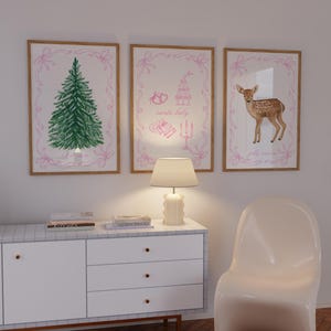 Set Of 3 Coquette Christmas Prints Pink Coquette Posters Aesthetic Christmas Print Trendy Pink Christmas Print Girly Holiday Wall Decor GenZ