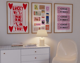 Set Of 3 Trendy Prints Lucky Girl Posters Matchbox Print Vintage Matchbook Wall Art Retro Ticket Print Preppy Wall Decor Retro Bar Cart Art