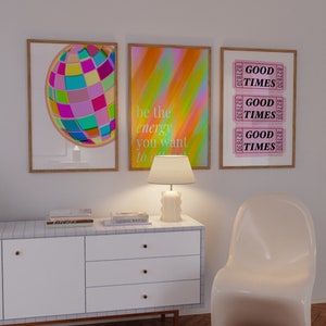 Set Of 3 Trendy Affirmation Prints Colorful Art Print Disco Ball Wall Art Pink Retro Ticket Print Preppy Wall Decor Retro Bar Cart Art GenZ