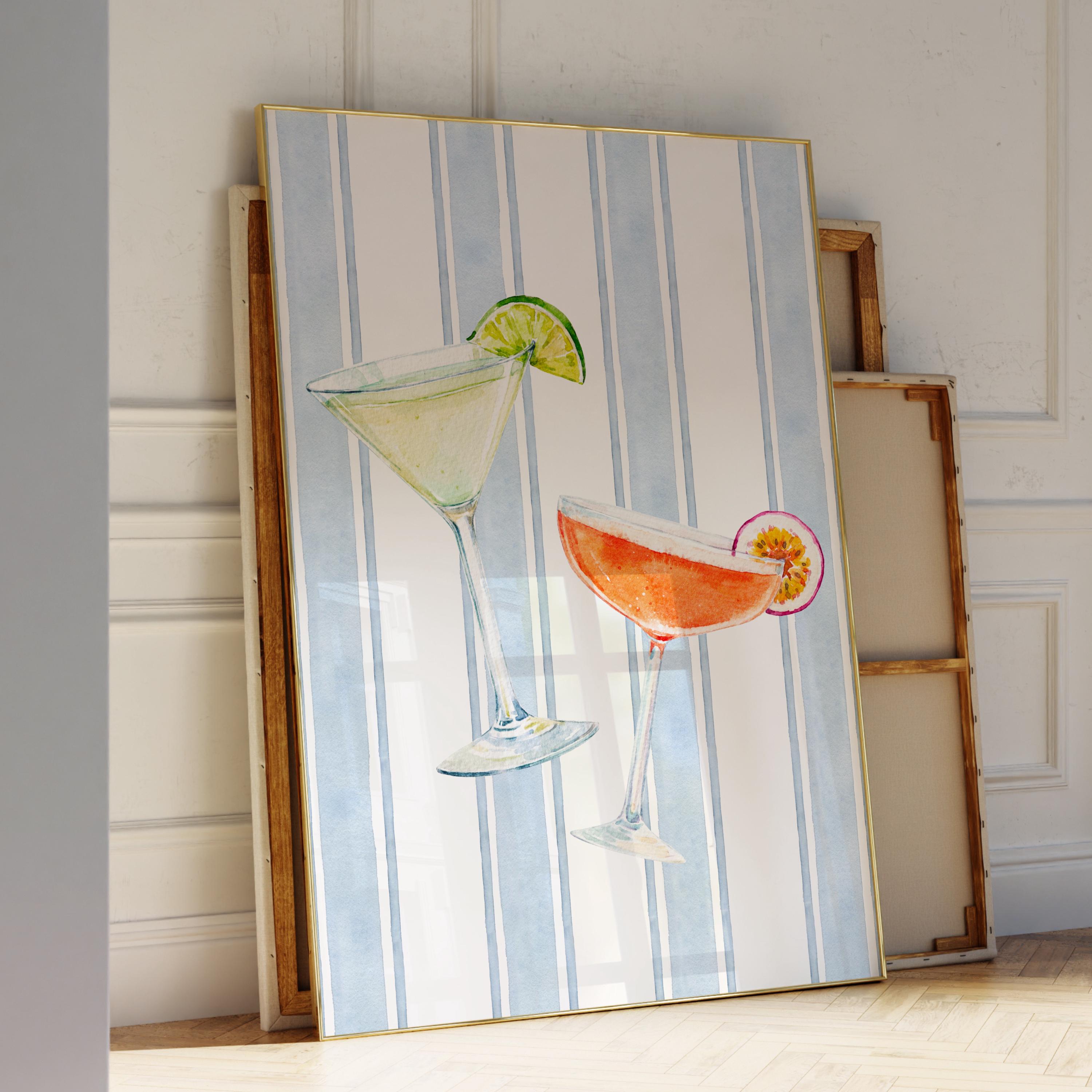 Cocktails Wall Art Blue Coastal Aesthetic Poster Trendy Wall Art Aesthetic Dorm Art Beach House Bar Cart Print Digital Summer Dorm Poster