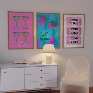 Set Of 3 Trendy Prints Cool Girl Poster Martini Print Affirmation Wall Art Pink Retro Ticket Print Preppy Wall Decor Retro Bar Cart Art GenZ