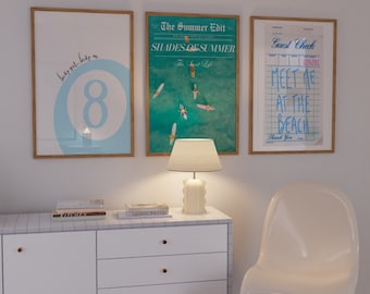 Set of 3 Coastal Print Beach Decor Aesthetic Lucky 8 Ball Print Coastal Aesthetic Blue Wall Art Guest Check Poster Coastal Newspaper Print