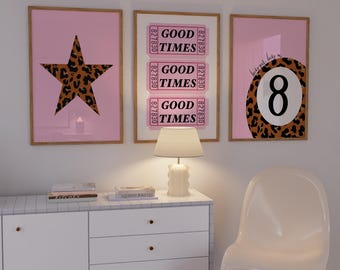 Conjunto de 3 pósteres con estampado de leopardo y guepardo de la bola 8 de la suerte, póster estético moderno para dormitorio, decoración digital preppy retro, impresión de boletos retro, arte de moda