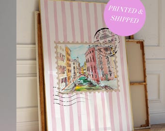 Stampa francobollo Venezia Italia Girly Coquette Travel Art Trendy Wall Decor Italia Acquerello Vintage Bar Cart Art Print Coquette College Dorm Print