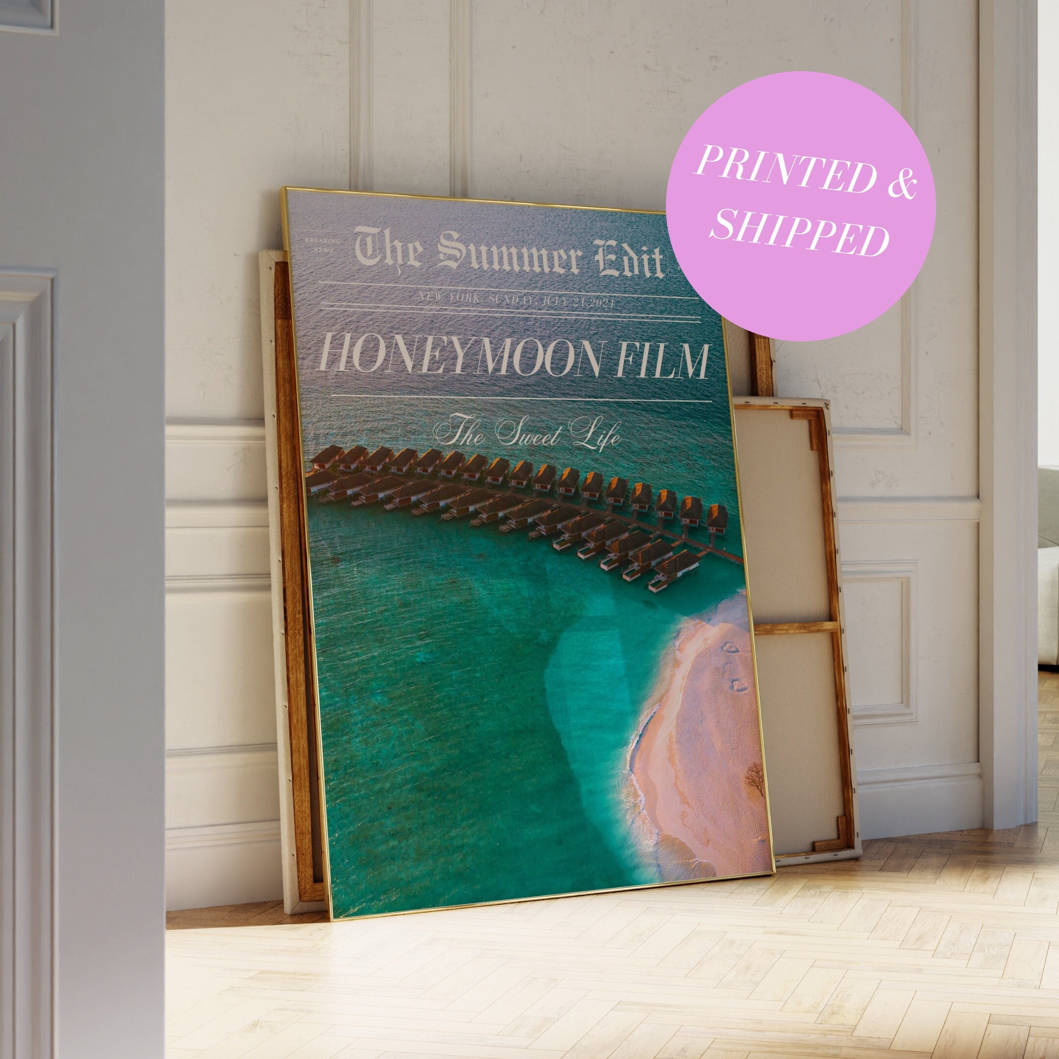 モルディブ ハネムーン 新聞アートプリント 夏のビーチ ポスター 新聞