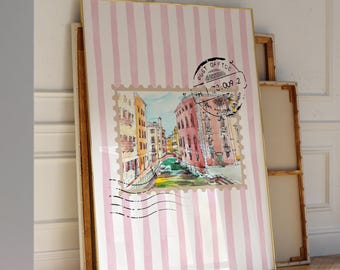Stampa francobollo Venezia Italia Girly Coquette Travel Art Trendy Wall Decor Italia Acquerello Vintage Bar Cart Art Print Coquette College Dorm Print