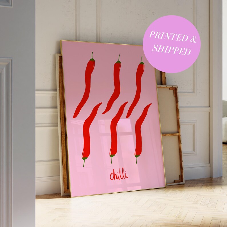 Pink Chilli Print Kitchen Aesthetic Wall Art Trendy Retro Chilli Print ...