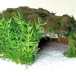 Peut inclure: Une grotte cachette pour reptile en forme de rocher brun, dotée d'une surface texturée et irrégulière avec des taches de mousse verte et de longues brins d'herbe artificielle vert vif fixés à l'extérieur, créant un abri naturel.