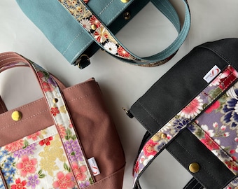 Handmade Japanese Canvas Tote Bag, Floral Pattern, Everyday Crossbody (S Size)