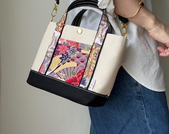 Japanese Canvas Tote Bag, Handmade, Traditional Pattern, Everyday Crossbody (S Size)