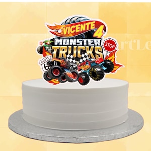 Topper de bolo hotwheels monster trucks (nome/idade personalizados)