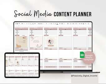 May include: A laptop and tablet screen display a Google Sheets template for social media content planning. The template has columns for the date, post type, image, caption, and engagement strategy. The template is designed in a minimalist style with a pink and white color scheme. The text "Social Media Content Planner" is displayed at the top of the image. The text "Google sheets template" is displayed in a green box at the bottom of the image. The text "@Passively_DigitalIncome" is displayed at the bottom of the image.