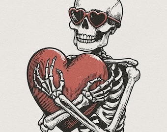 Skeleton Hugging Heart PNG, Retro Valentines Day Sublimation Design (Digital Download)