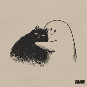 Può includere: Un'illustrazione in bianco e nero su sfondo beige raffigurante un gatto nero e peloso abbracciato da una semplice figura di fantasma bianco. Il gatto ha un'espressione imbronciata e il testo SHARP MARKETPLACE è stampato nell'angolo in basso a destra.