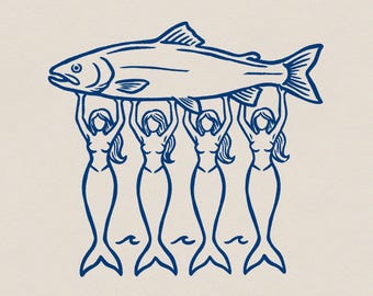 Big Fish Mermaid PNG, PNG-Designs, Sommer PNG, Küstenfang Grafik, Angeln-Shirt-Design, Beachy Nautical Retro Artwork Print File