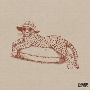 May include: A brown line art illustration on a beige background depicting a leopard wearing a wide-brimmed hat and sunglasses, lounging on a circular inflatable pool float. The text SHARP MARKETPLACE is printed in the bottom right corner.