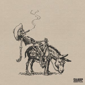 Smoking Skeleton Cowboy On Donkey, Halloween PNG, Western PNG, Funny PNG Desert Outlaw Shirt Design, Retro Gothic Tee Download Art