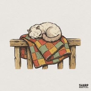 May include: Illustration of a sleeping cat curled up on a patchwork quilt draped over a wooden bench. The quilt features a pattern of red, orange, green, and yellow squares. The cat is light beige with a fluffy tail.