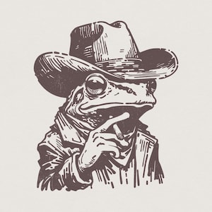 Puede incluir: Ilustración en sepia de una rana con sombrero de vaquero y abrigo, fumando un cigarrillo. La imagen está renderizada en un estilo vintage, esbozado con líneas y sombreado detallados. La estética general es rústica y anticuada.