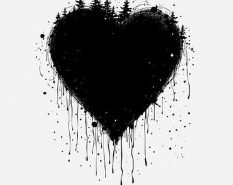 Dripping Heart PNG, Forest Silhouette Design, Nature Lover's Grunge, Artistic Heart Sublimation, Enigmatic Woodland Heart Print