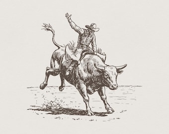 Western Rodeo PNG, Cowboy Bull Rider, Retro Illustration, Bucking Bull, Vintage Bull Rider, Western Sublimation, Western Graphics, png