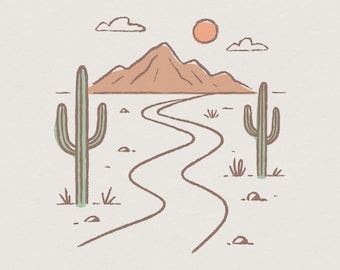 Minimalistische Wüste PNG Kunst, Boho Landschaft mit Kaktus und Bergen, Western PNG Vintage Südwest Dekor, Pastell druckbare digitale Download