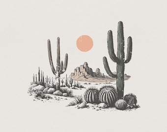 Desert Sunset Cactus PNG, Western Design Download, Retro Style Desert Scene, Trendy Western PNG, Cactus Western Sublimation Graphics