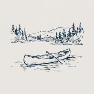 Cena selvagem do Lago Canoe em PNG, arte de floresta montanhosa desenhada à mão (download digital)