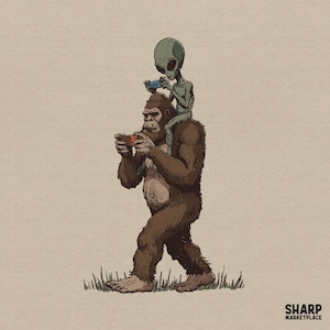 May include: A brown Bigfoot walking through grass with a green alien sitting on its shoulders. Both figures are holding small handheld gaming devices. The text SHARP MARKETPLACE is printed in black in the bottom right corner of the illustration.