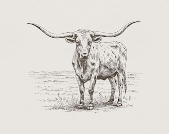 Texas Longhorn, Western PNG, Cowgirl Cowboy Country Design, Vintage Style Ranch Animal, Southwestern Sublimation Graphic