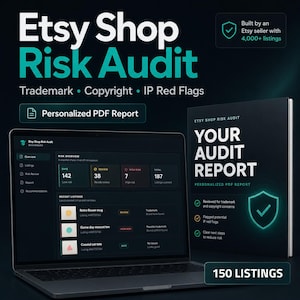 Puede incluir: Un portátil que muestra un panel de control de Etsy Shop Risk Audit con una visión general de riesgos de 187 listados, junto a un informe impreso titulado Your Audit Report. La interfaz muestra categorías de riesgo en un tema oscuro.