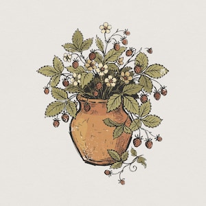 Op de afbeelding: Illustratie van een terracotta vaas gevuld met aardbeienplanten. De planten hebben groene bladeren, witte bloemen en kleine rode aardbeien. De vaas heeft een warme oranje-bruine kleur, tegen een neutrale achtergrond.