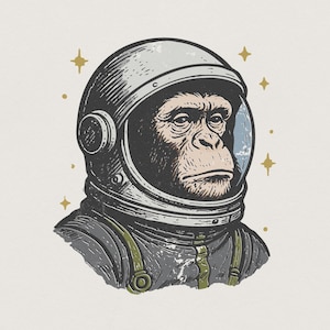 May include: A graphic illustration of a chimpanzee wearing a detailed space helmet and suit. The artwork features a muted colour palette with black, grey, and olive green tones, accented by small gold star shapes surrounding the astronaut figure.